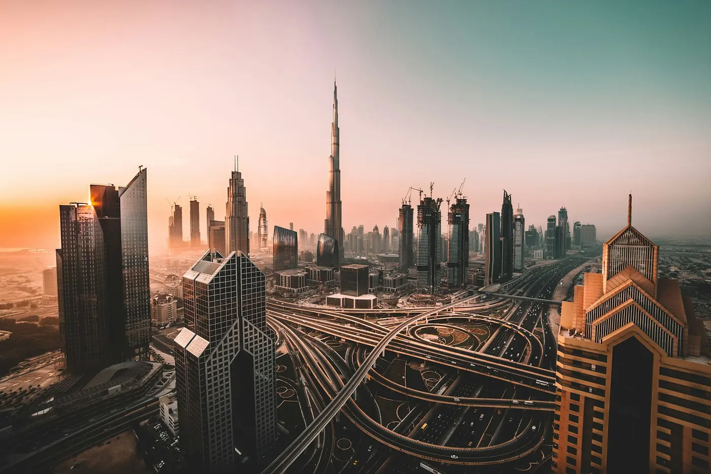 Downtown Dubai and the Burj Khalifa at sunset